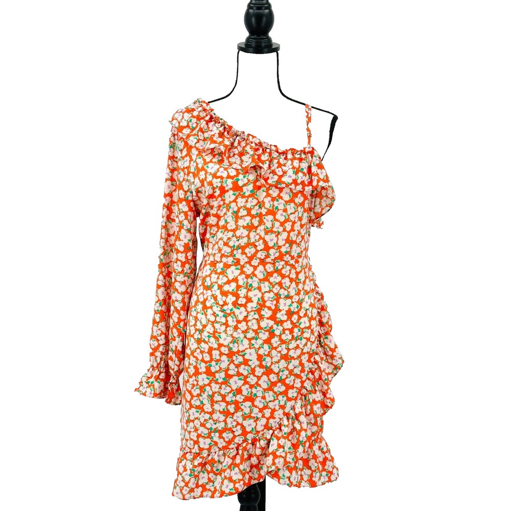 VERO MODA Orange Floral One-Shoulder Ruffled Tiered Short Dress Women's XL